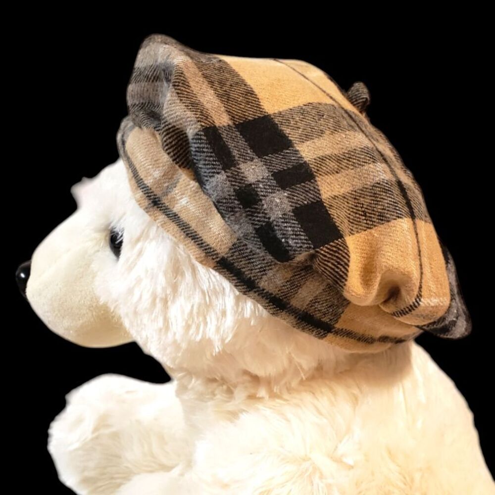 Tan and Black Plaid Baby Kids Beret Hat Cotton/Wool Satin Lined Cap